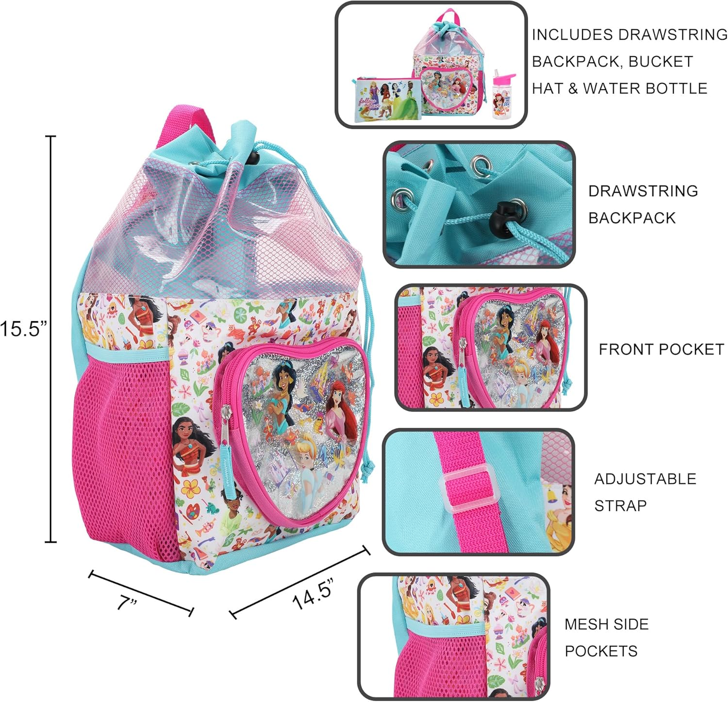 Disney Princess 3-Piece Youth Beach Backpack Set With Water Bottle