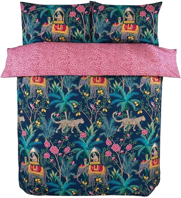 Bedding Heaven® REVERSIBLE JUNGLE DUVET COVER SET. Monkeys, Elephants, Leopards - KING SIZE - NAVY