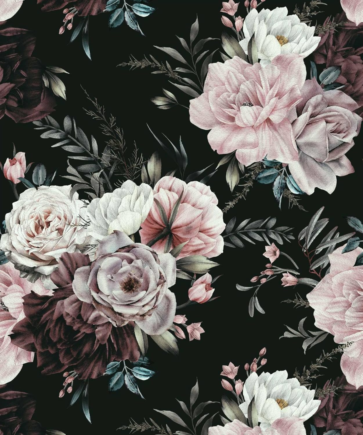 Dark Floral Peel and Stick Wallpaper Vintage Waterproof Contact Paper Black/White/Pink Retro Rose Self Adhesive Wall Paper for Room Shelves Cabinet Drawer Table Decor 17.7in x 9.8ft