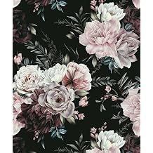 Dark Floral Peel and Stick Wallpaper Black/Pink Rose Contact Paper | Vintage,Self Adhesive Wallpaper,Removable,Retro,Wall Paper,for Room Shelves Cabinet Drawer Table Decor,17.7in x 9.8ft
