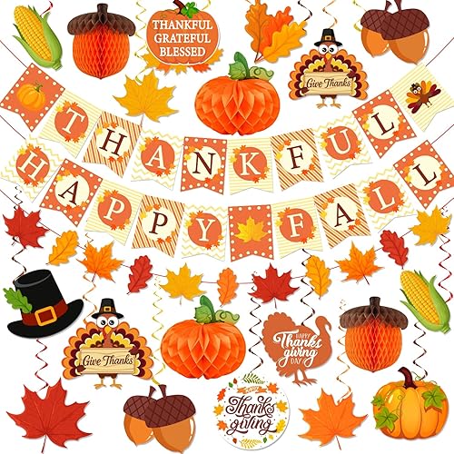 Decoraciones de Acción de Gracias, pancarta de feliz otoño, remolinos colgantes y bolas de panal de abeja, remolinos de hojas de arce de pavo para