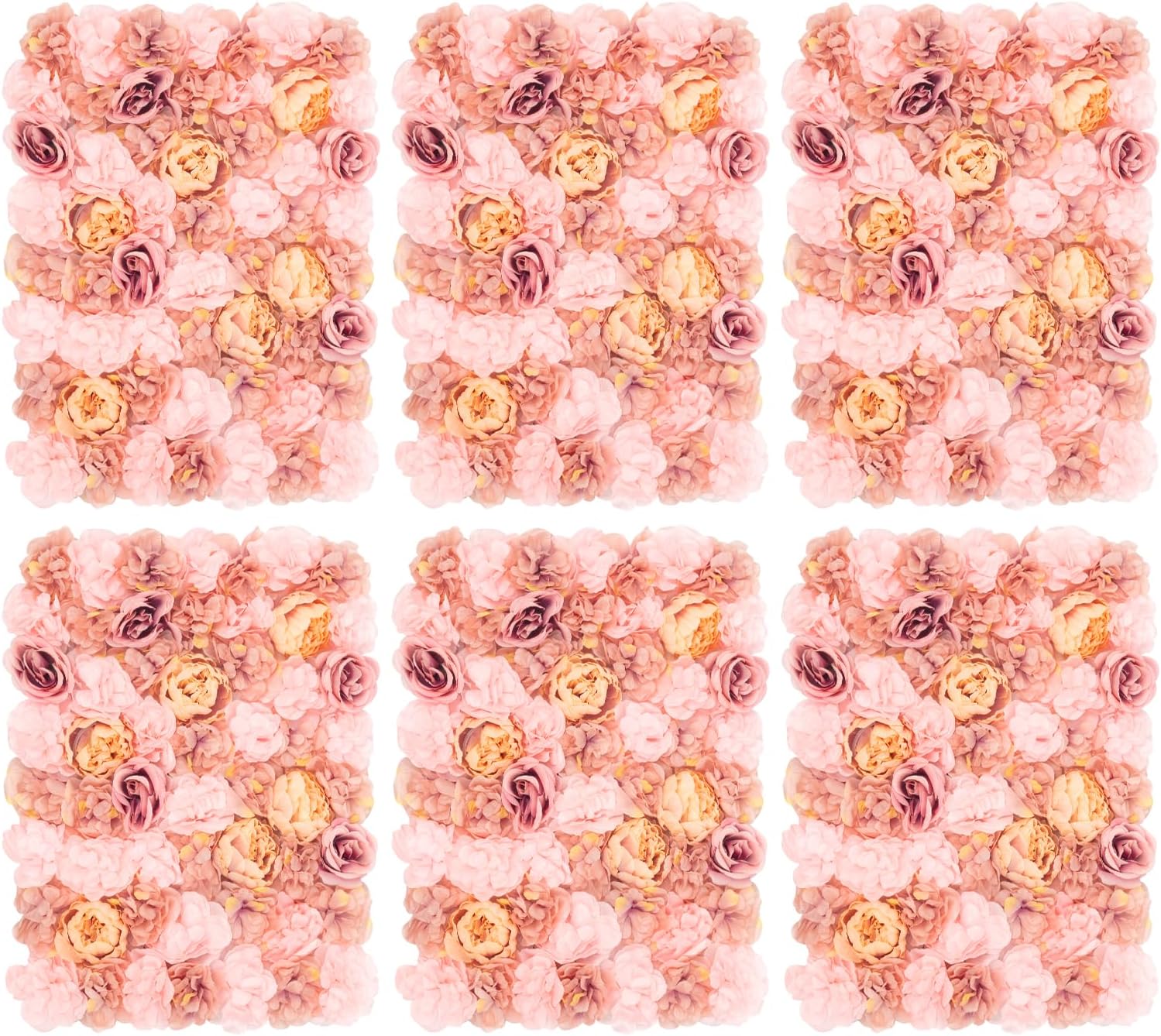 Artificial Silk Flower Panels 6pcs, 3D Silk Dahlia/Peony/Rose Floral Wall Panel Ideal for Wedding Celebrations, Festive Party Birthday Backdrops and Elegant Home, 16x24 Inch