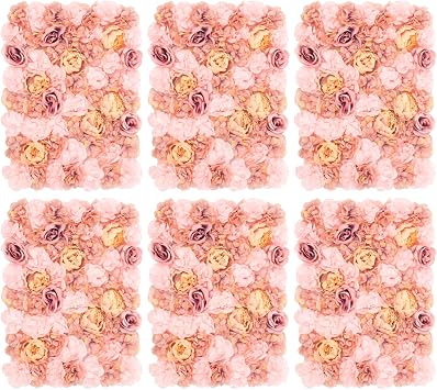 6 PCS Flower Wall Panel Backdrop Set 24x16 Inch 3D Silk Artificial Fabric Pink Mauve Caramel Dahlia Peony Rose Floral Wall Decoration Background for Wedding Birthday Bridal Party Photo