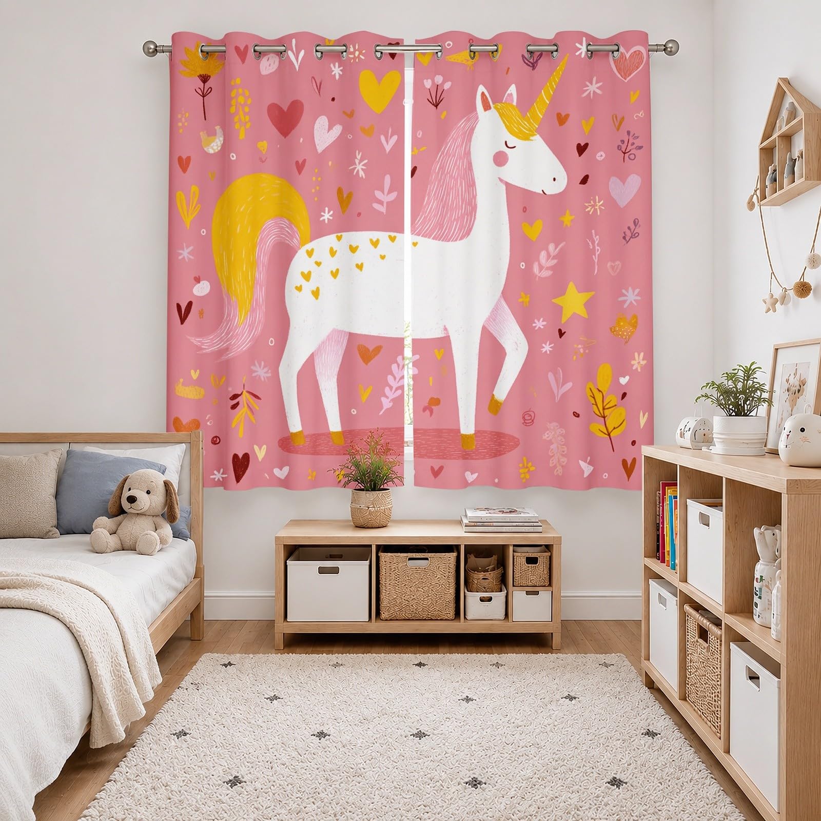 Lot De 2 Rideau À Oeillets Occultant 140L X 245H cm Romantique Dessin Animé Licorne Rideaux Salon Moderne Chambre Anti Bruit Anti Froid Rose Draperies d’intimité Doux Décoration Fenêtre