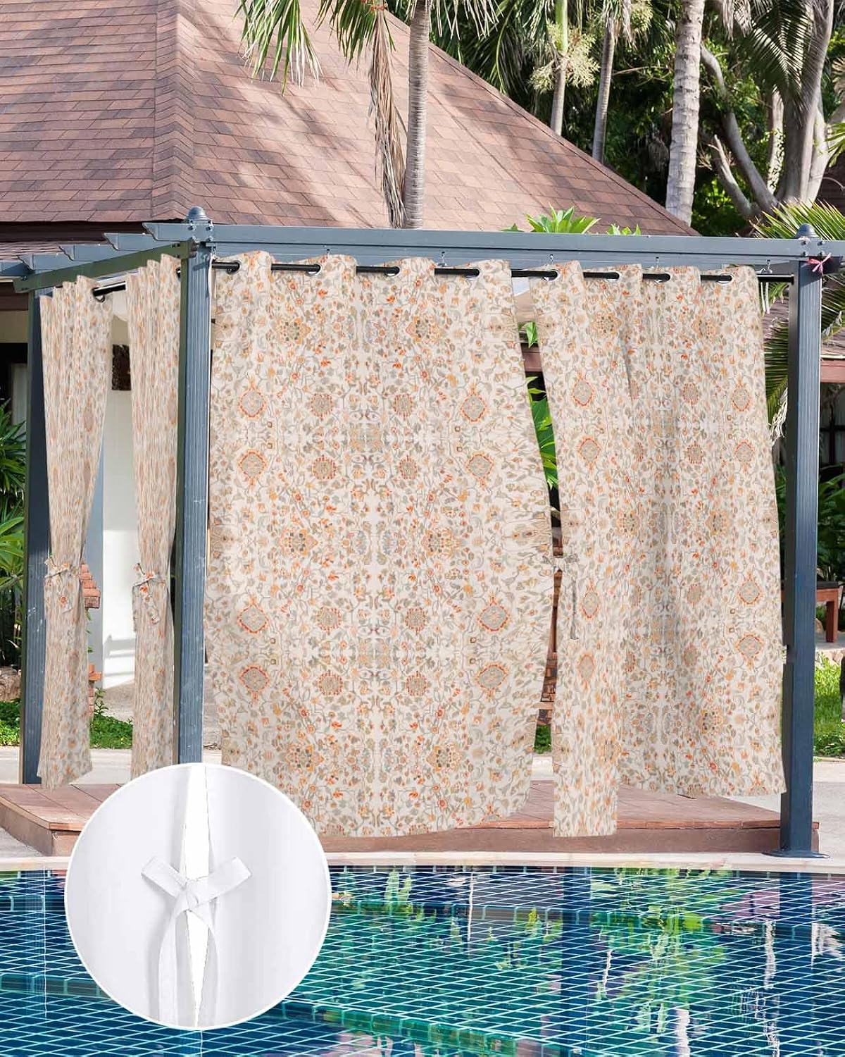 Outdoor Curtain for Patio Waterproof, Ethnic Vintage Patterns Floral Motifs Middle Eastern Outside Curtains with Grommet Top Curtain Panels Drapes for Pergola, Gazebo, Balcony 54"W x 84"L 2 Pcs
