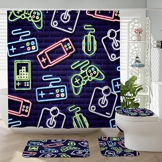 4PCS Funny Neon Game Shower Curtain Sets with Non-Slip Rug, U Shape and Toilet Lid Cover Mat, Fun Video Game Home Bathroom Accessory Sets Decor with 12 Hooks, 72 x 72 Inch