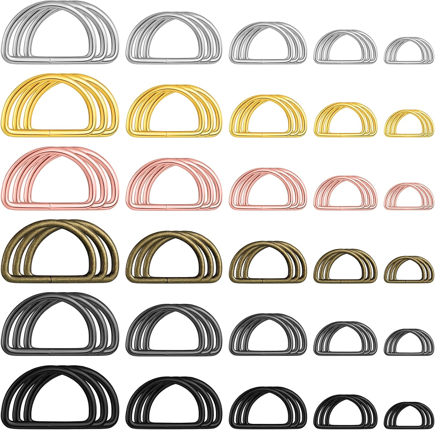 Shimeyao 90 Pieces Assorted Color Metal D Rings for Purse D Shape Buckles Multi Purpose Semi Circular for Sewing Hardware Bags Ring Hand DIY Accessories, 1/2", 5/8", 3/4", 1", 5/4"