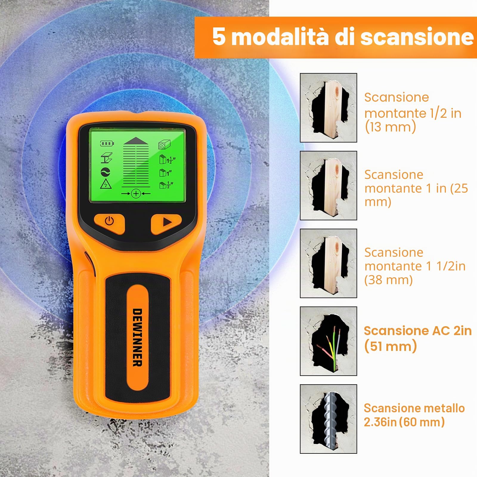 DEWINNER Rilevatore di Parete 5 in 1 Rilevatore di Metalli da Parete con Display LCD Rilevatore di Monti, Scanner a Parete per Localizzare Metalli,Tasselli in legno, Cavi elettrici CA