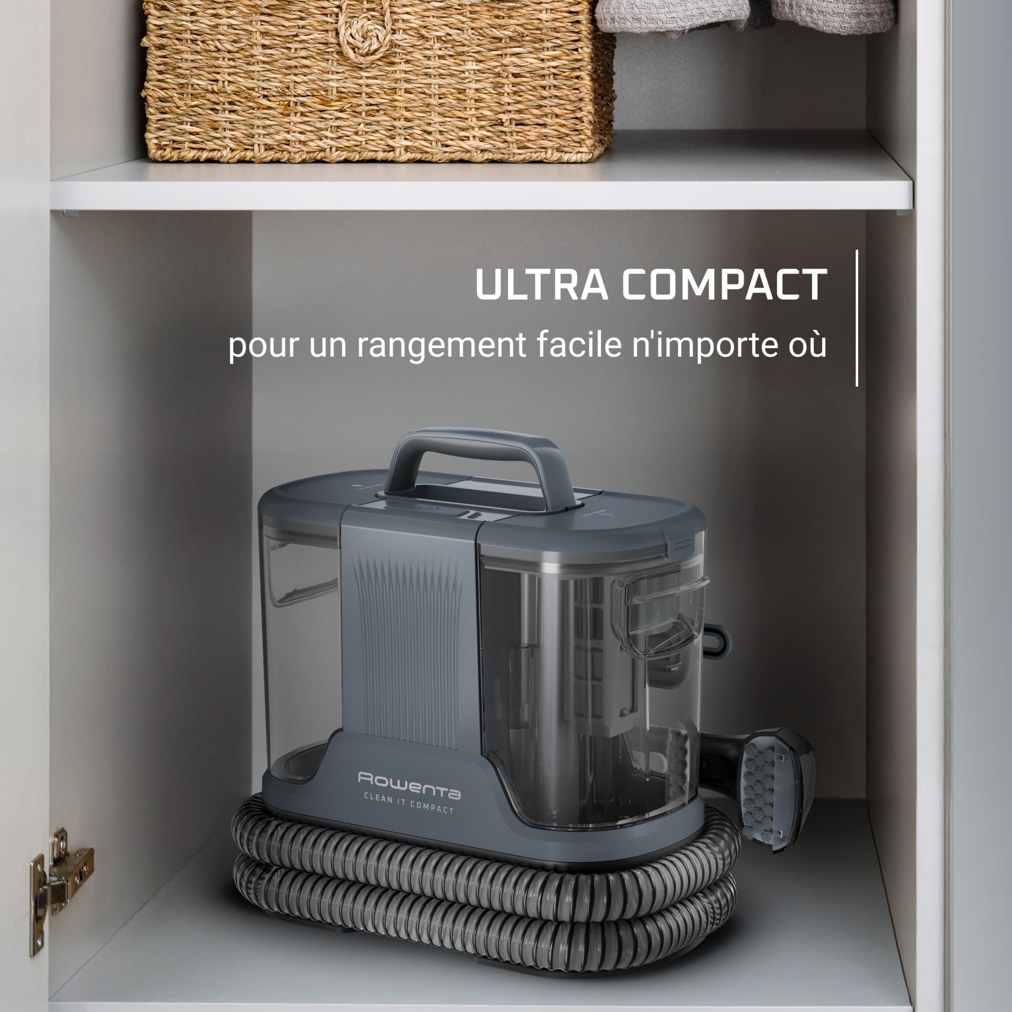 Rowenta, Clean It Compact, Shampouineuse, Détacheur, Nettoyeur Portable, Tapis, Intérieur de Voiture, Canapés, Design Compact, Puissant 400W, IN3011F0, Grise