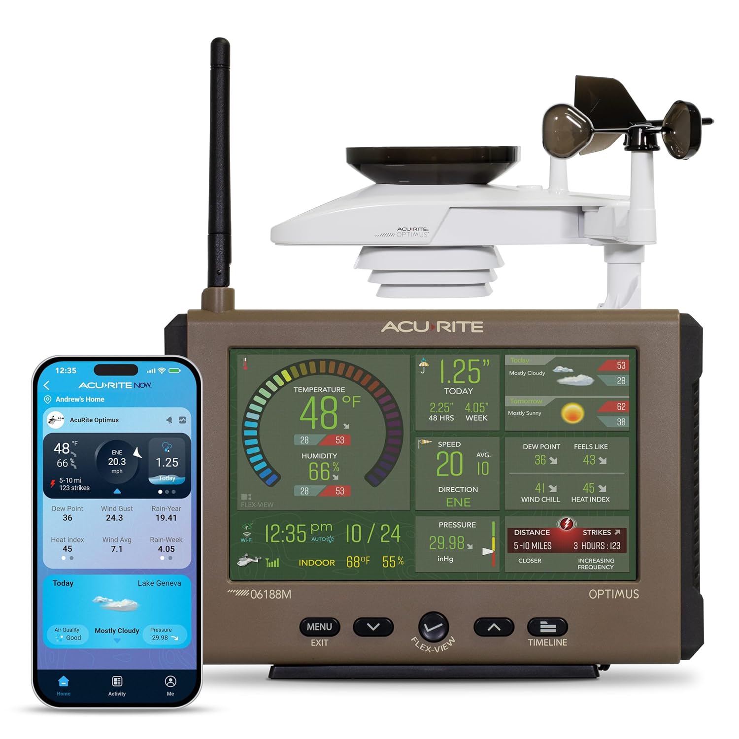 AcuRite Optimus Weather Station with Wi-Fi HD Display, Built-in Barometer, Lightning Detection, Indoor/Outdoor Temperature and Humidity, Wind Speed/Direction, and Rainfall Measurements (01216MCB)