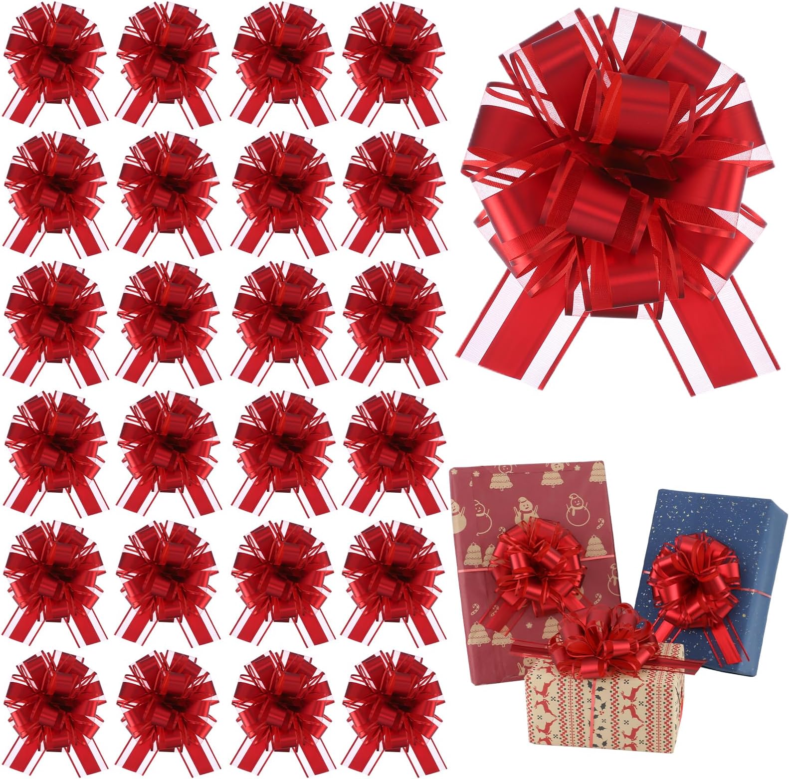 24 PCS Pull Bows for Gift Wrapping, 6 inches Large Gift Bow Bulk for Presents Package, Gift Baskets, Christmas, Wedding, and Party Decor (Red)