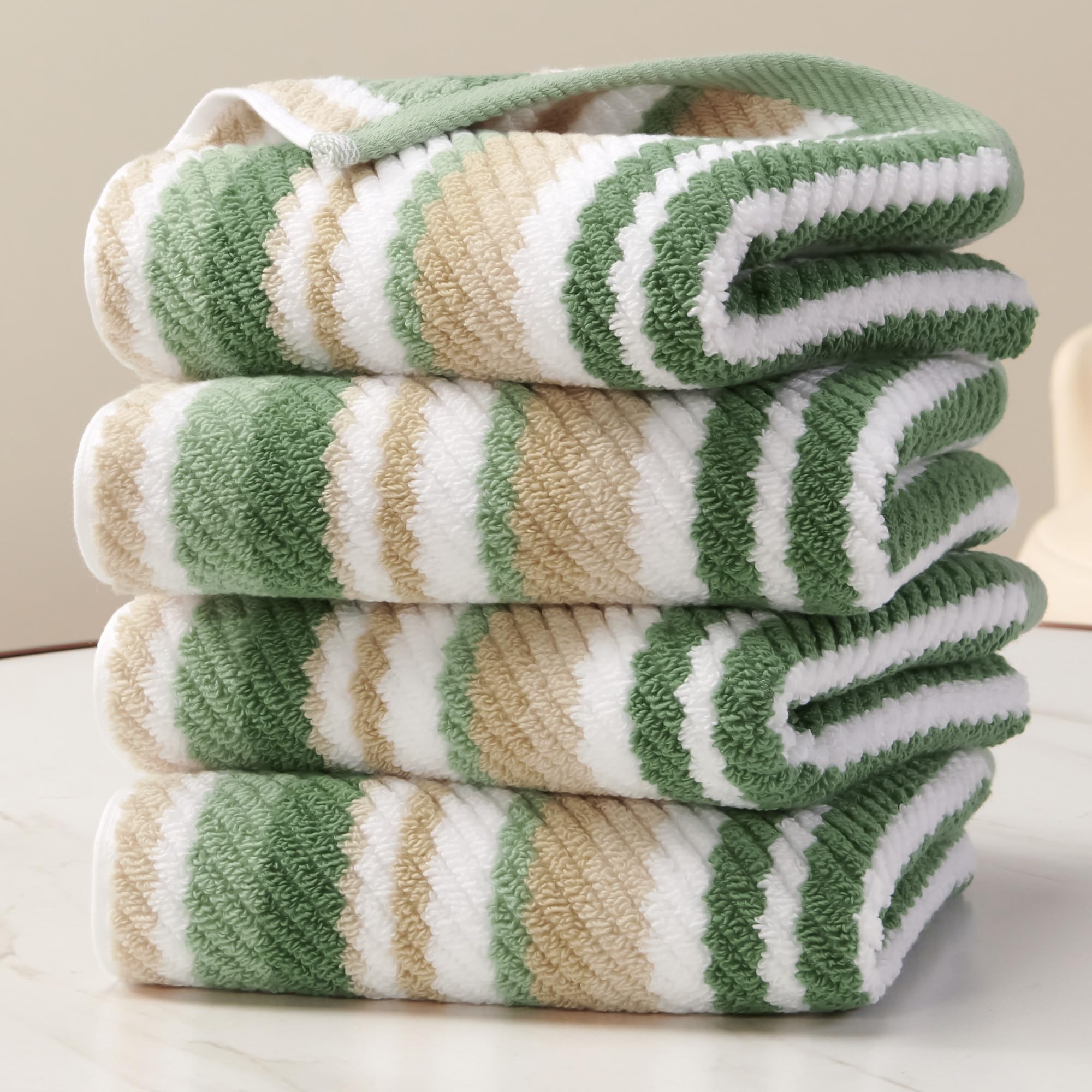 Green Hand Towels Set of 4, 16"x27" - 100% Cotton | Quick Dry | Soft | Absorbent | Lightweight, Striped Hand Towels for Bathroom & Guest, Luxury Towel Set for Showering, Sage and Beige Stripes