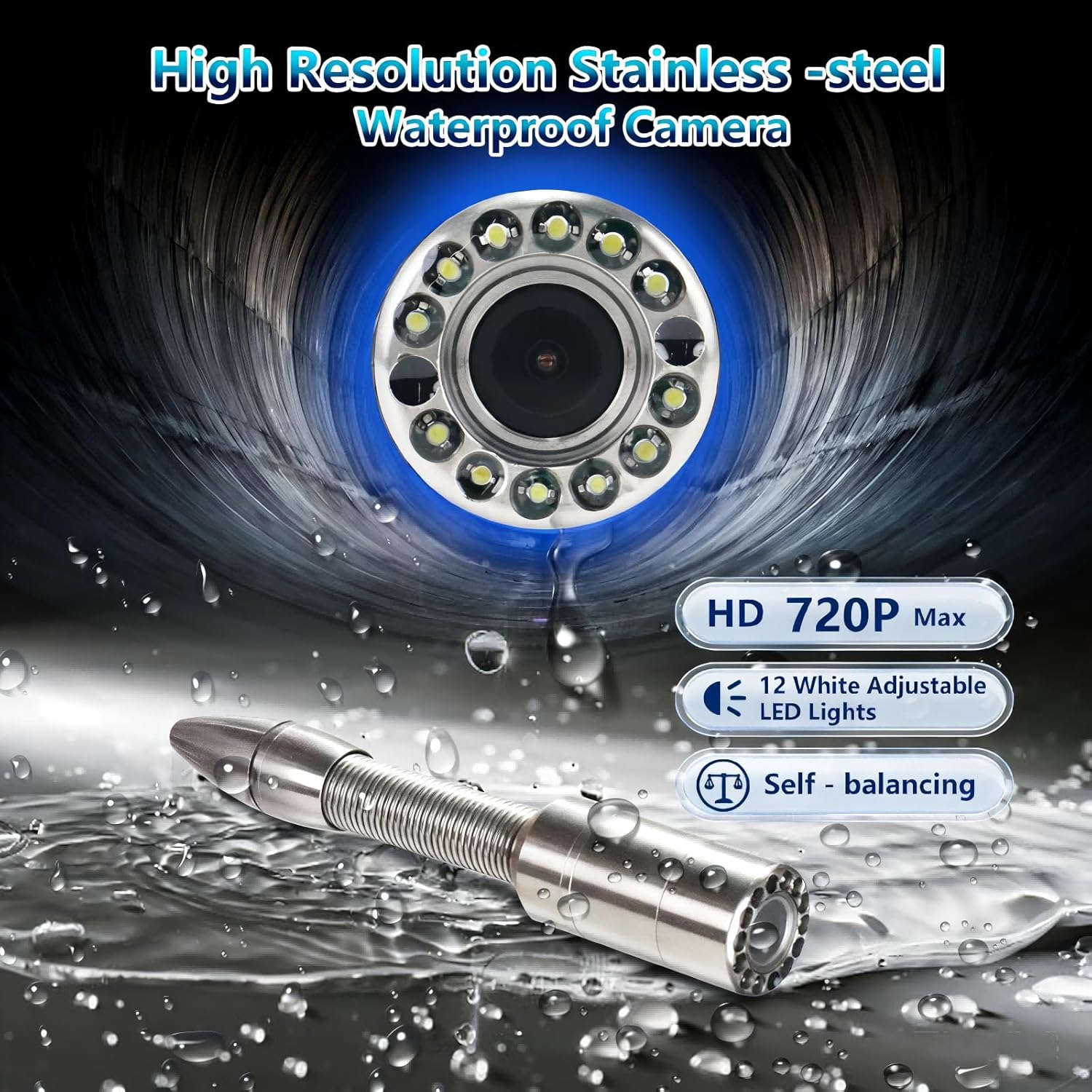 Sewer Camera Self-Leveling, 100FT/30M & 7MM Cable, Distance Counter, IP68 Waterproof, 10.1" HD Drain Pipe Inspection Camera (Trolley with Wheels), DVR, 12 LEDs for Home, Duct