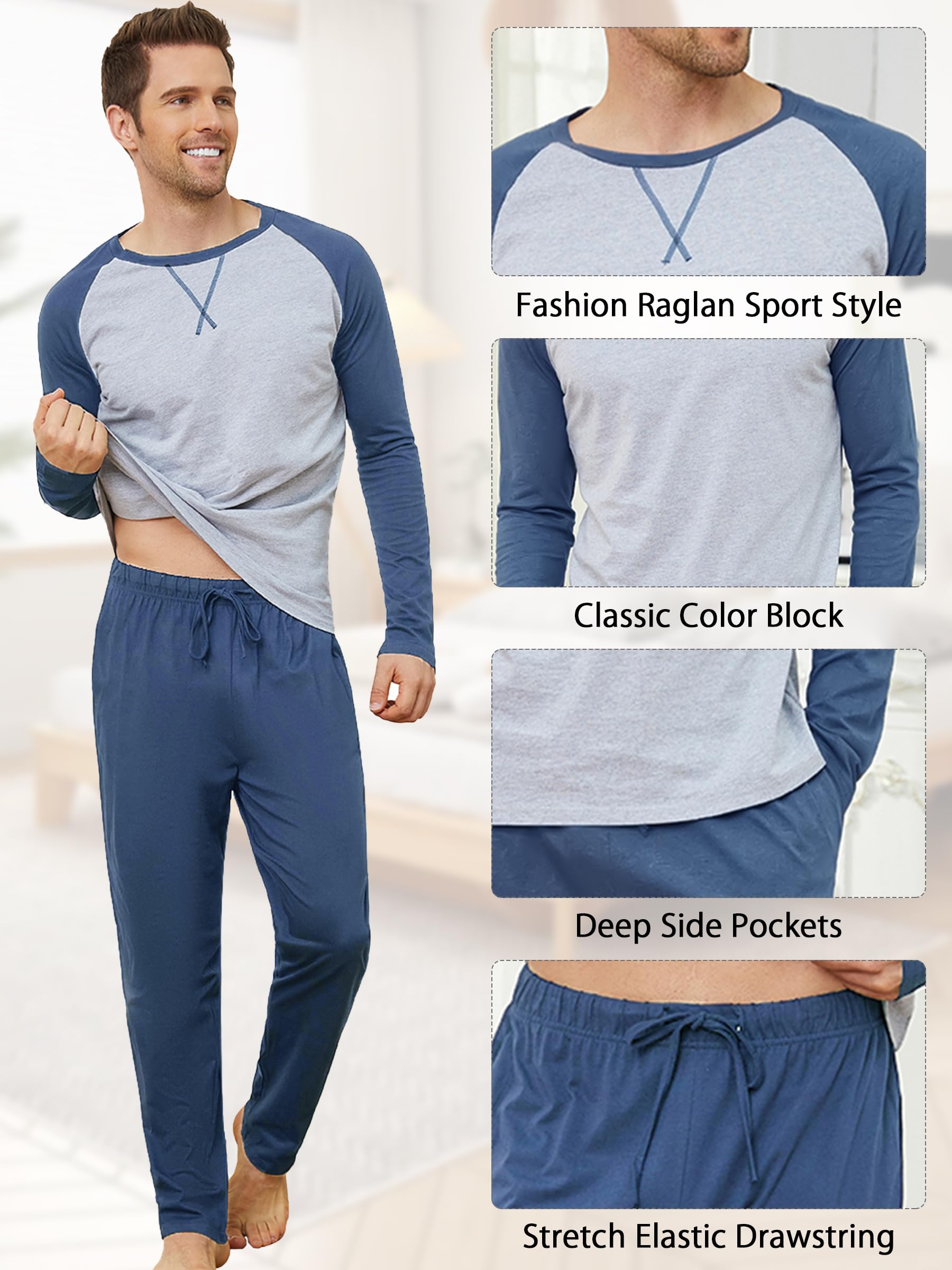 Reliwel Pigiama Uomo Cotone Leggero Pigiama Uomo Cotone Lungo Colori Contrastanti Girocollo a Maniche Lunghe e Pantaloni Due Pezzi Leggero Morbido