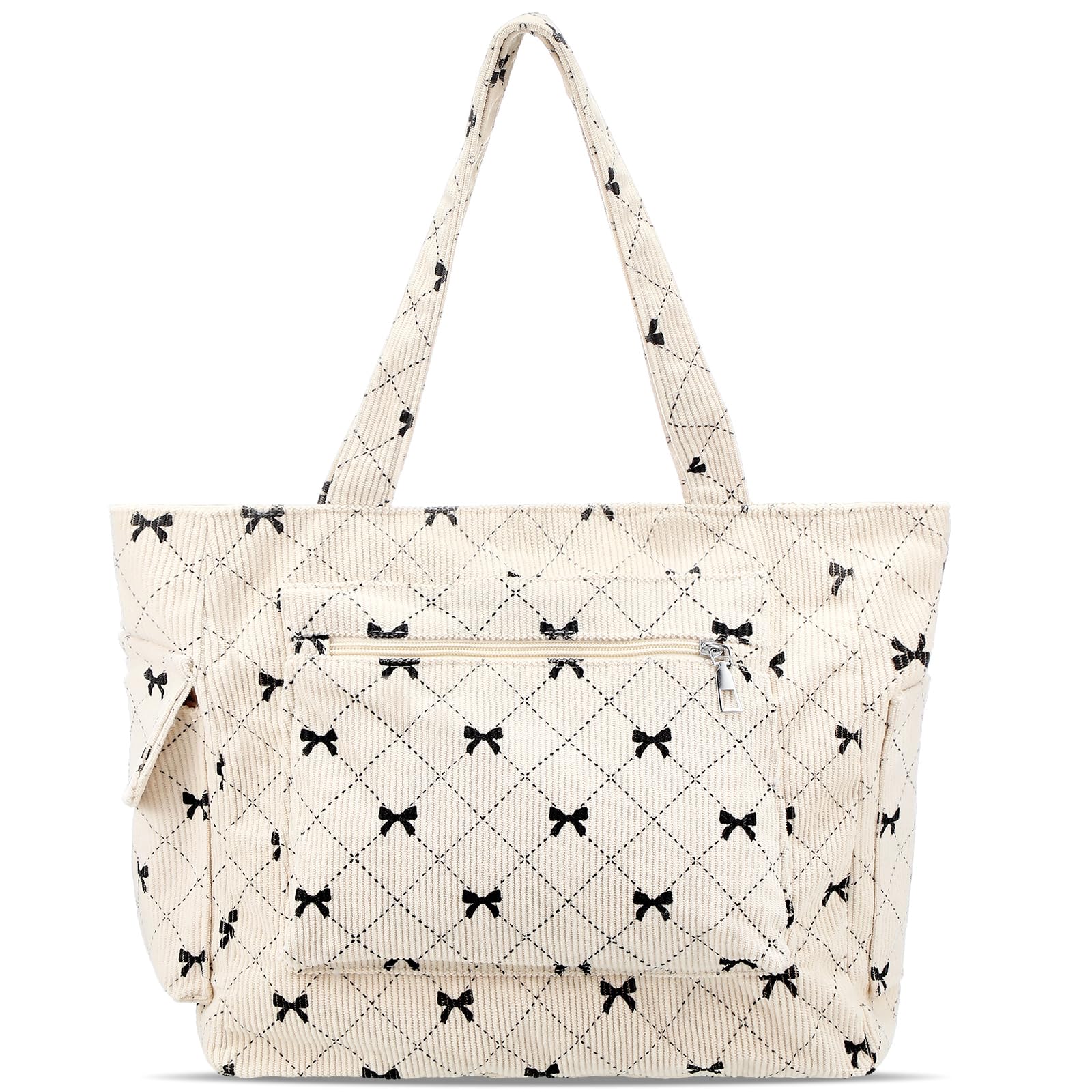 Bow Tote Bag for Women Large Capacity Shoulder Bag with Pockets and Zipper Cute Coquette Bow Handbag for Work Travel Gym