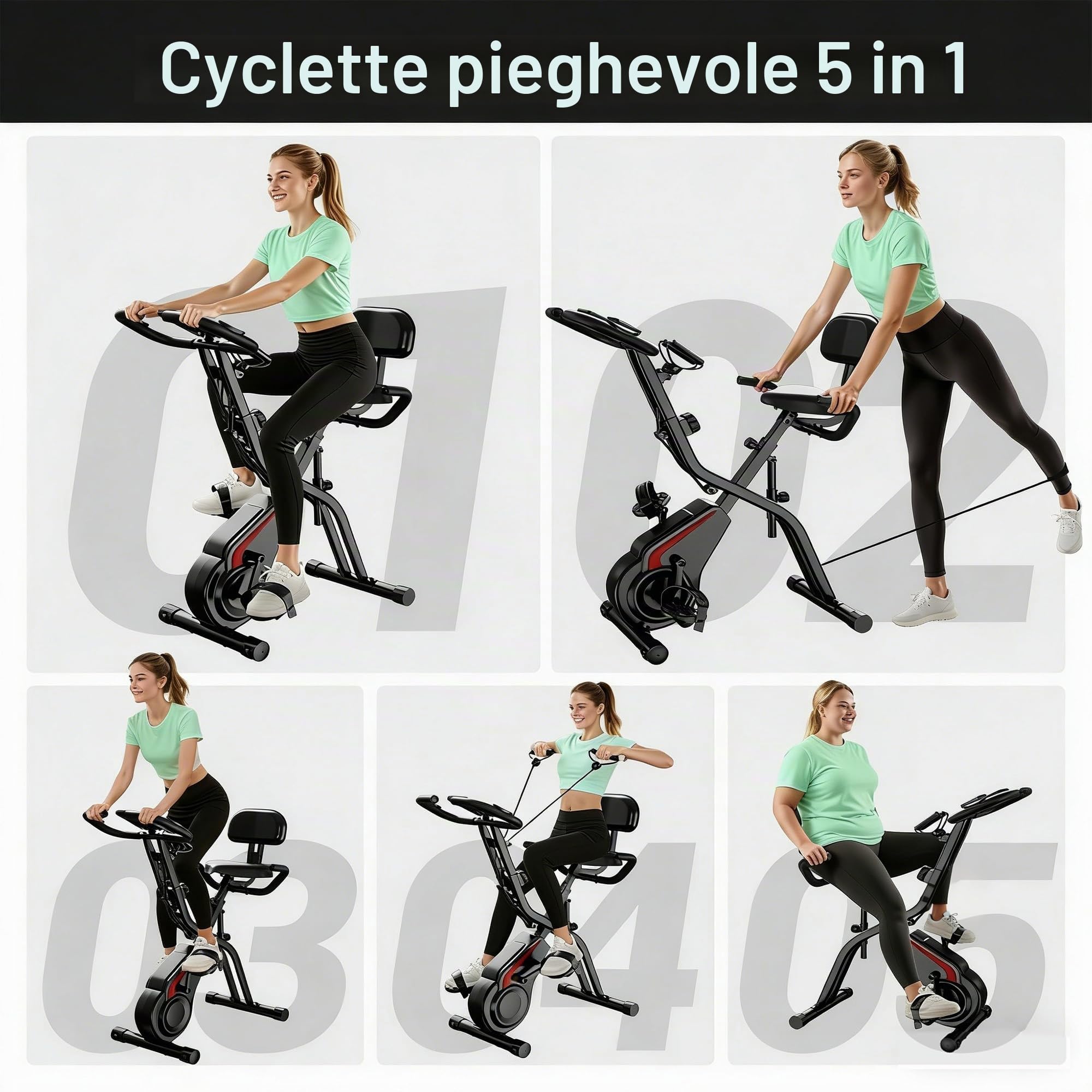Cyclette per Casa Pieghevole 5 in 1 con Schienale, Cyclette Magnetica con Display LCD e Bande Elastiche, Spin Bike Silenziosa fino 136 kg