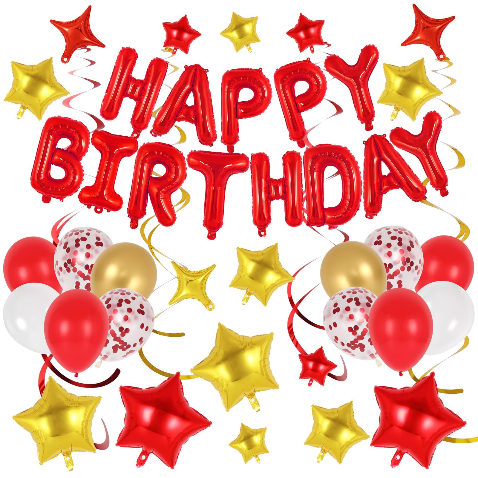 55 Pcs Happy Birthday Balloons Letters Banner with 35 Pcs Star Foil Balloon, 20 Pcs Latex Balloons, 6 Hanging Swirls for Women Men Boys Girls Birthday