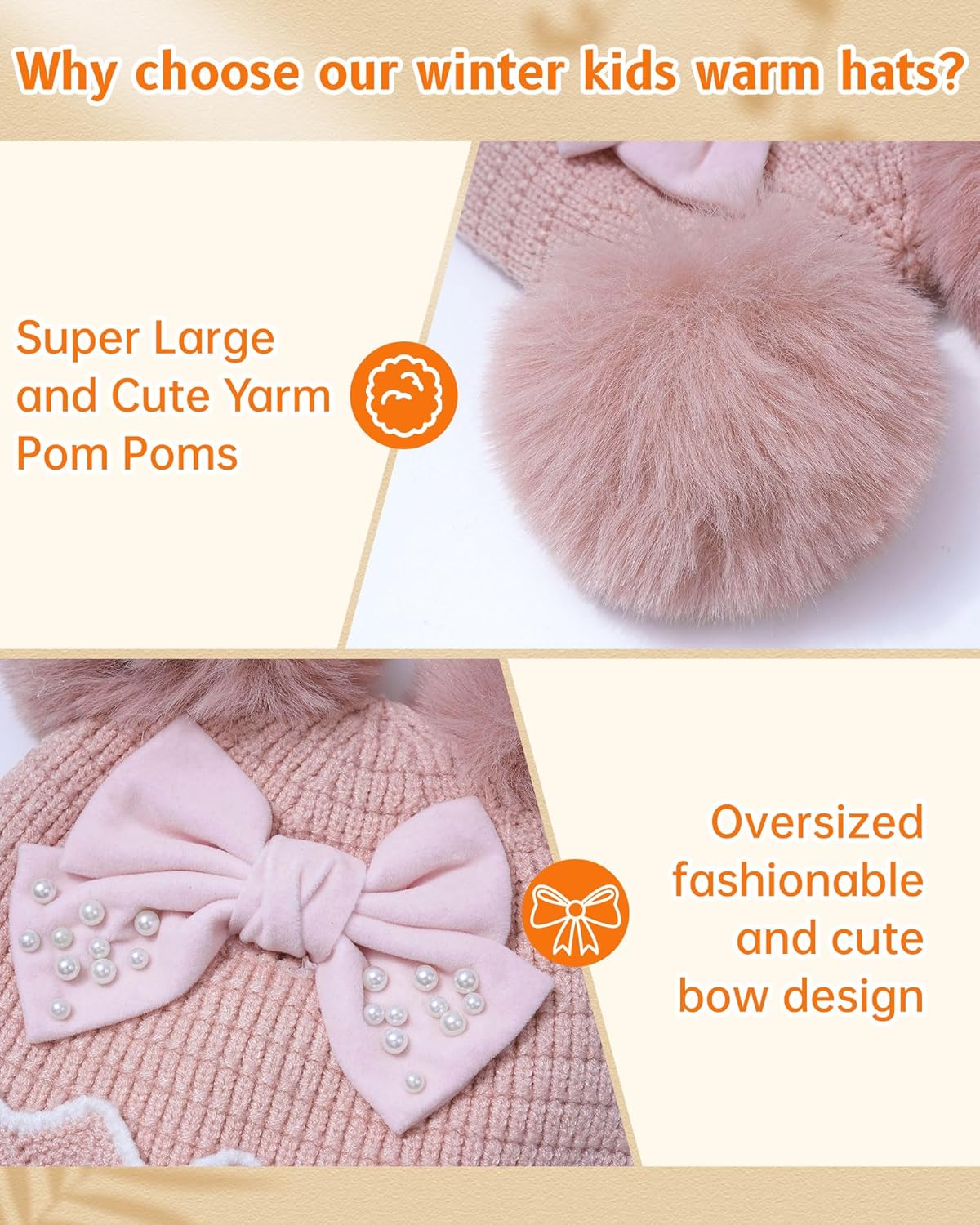 HOKEMP Winter Hat for Girls Kids, Girls Beanie Cap Pearl Bow Double Pom Pom Warm Fleece Lined, Toddler Knit Cap - Image 3