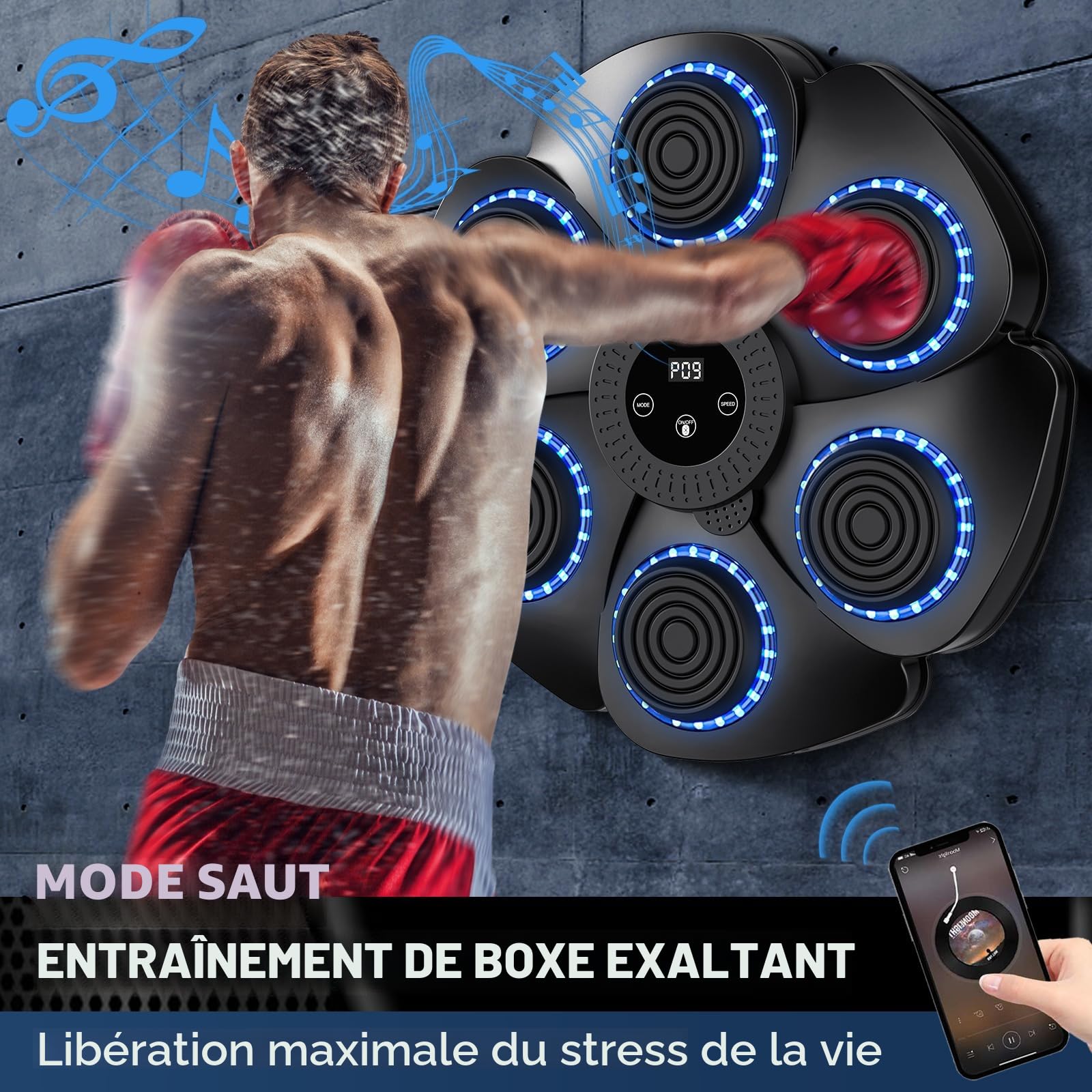 JOPWUE Machine de boxe intelligente à fixation murale avec gants de boxe, 9 modes de vitesse et mode de comptage, machine de boxe musicale pour adultes et enfants, exercice à domicile, bureau