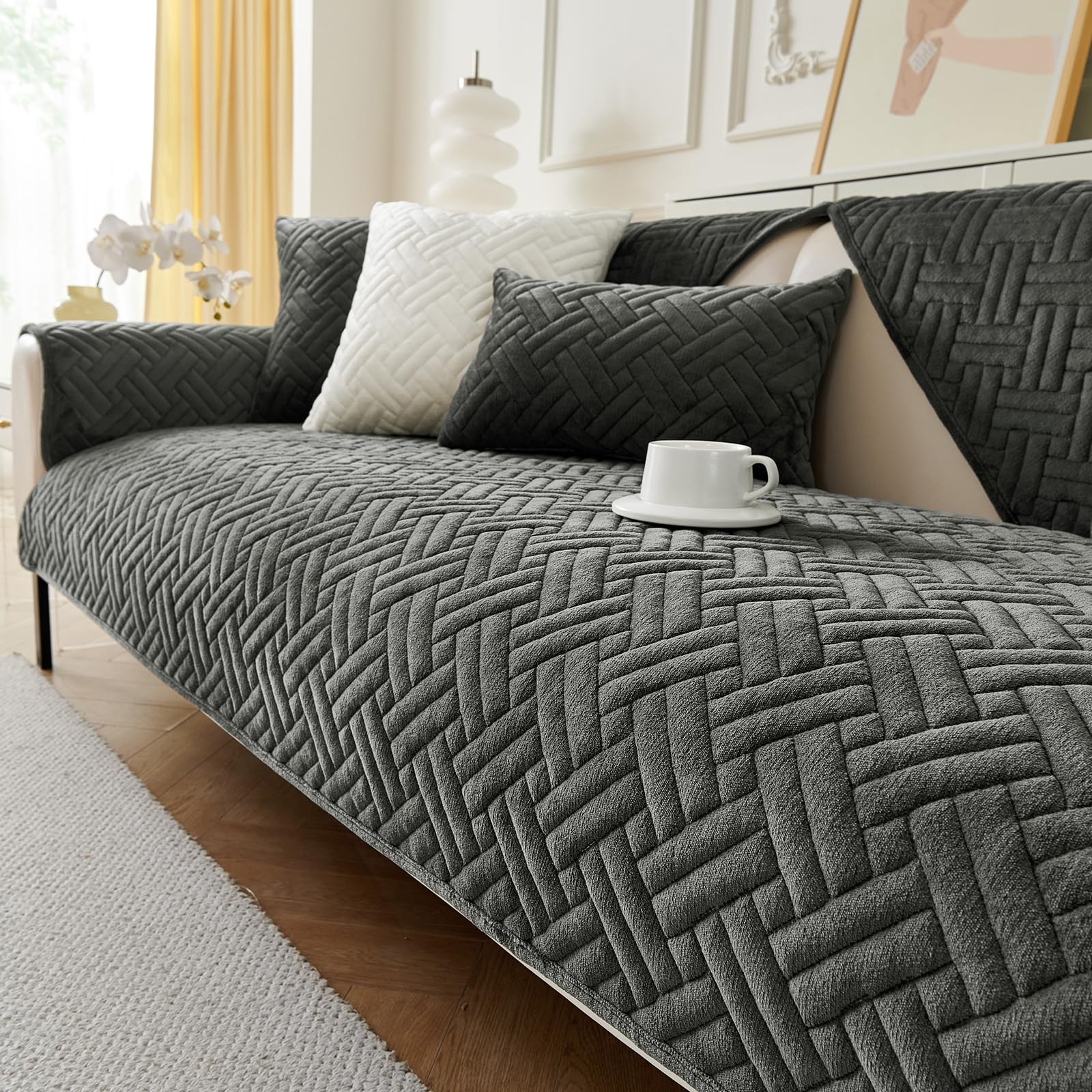 GKXLH New Sofa Cover Washable - Soft Milk Flannel Sofa Covers 1 2 3 Seater, Non-Slip Sofa Slipcovers, Couch Covers for Sectional Sofa, Corner Couch Cover L Shape Furniture Protector (Dark Grey)