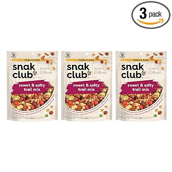 Snak Club Sweet and Salty Trail Mix with Peanuts, Butter Toffee Peanuts, Chocolatey Candies, Toasted Corn, Honey Sesame Sticks, and Almonds, Kosher Snack, 14 oz Resealable Bags, 3 Pack