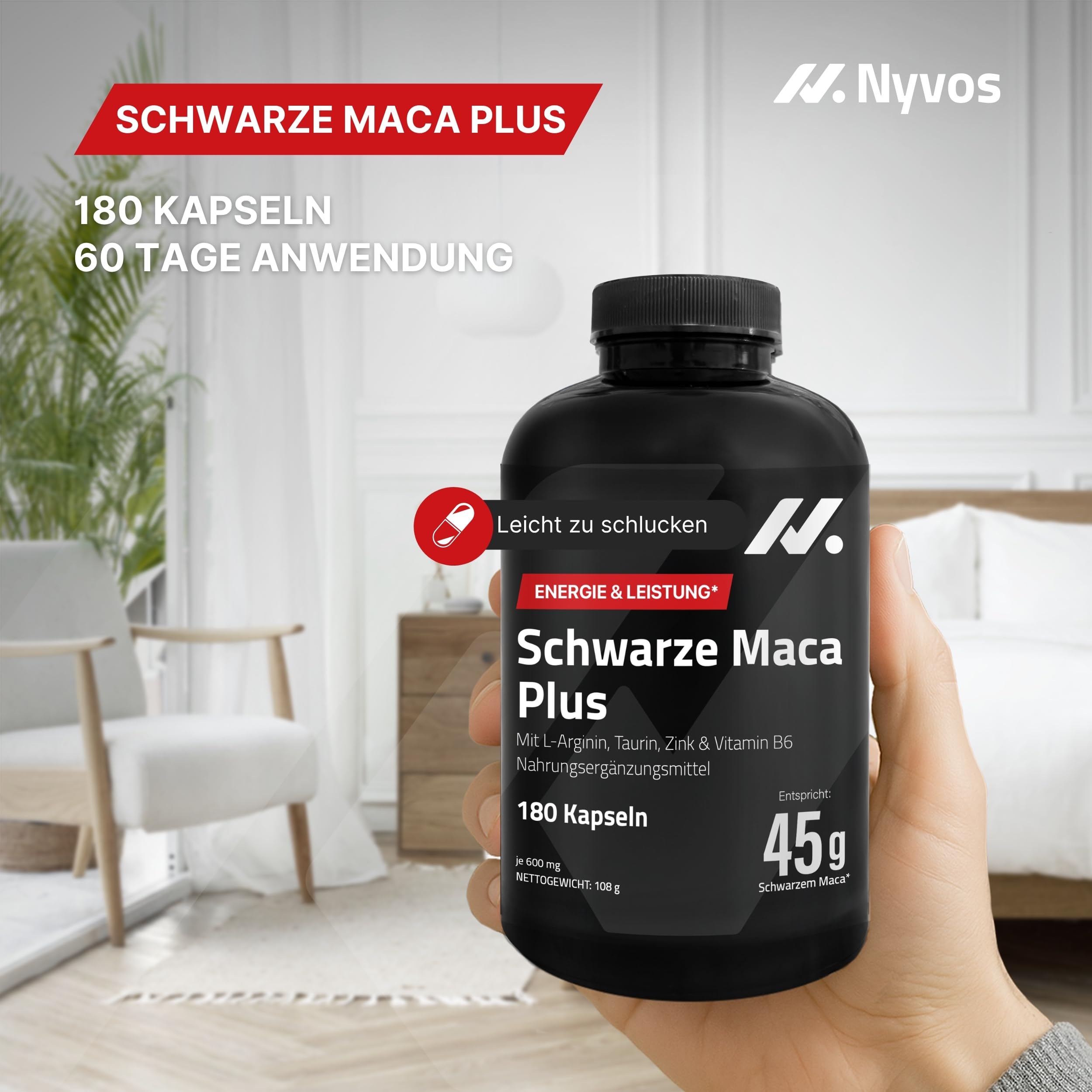 Maca Schwarz Hochdosiert – 45.000 mg Äquivalent (100:1 Extrakt) mit Zink, Calzium, Vitamin B6, L-Arginin & Taurin – 180 Vegane Maca Kapseln – Ohne Koffein, Gluten- & Laktosefrei