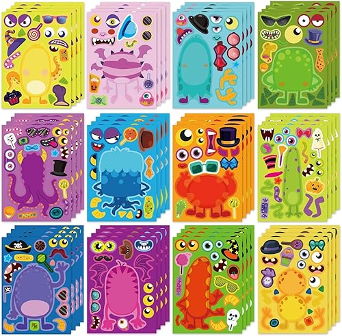 Calcomanías de cara de monstruo, 48 unidades, calcomanías de Halloween para niños, haz tu propio pequeño monstruo, hojas de calcomanías temáticas de