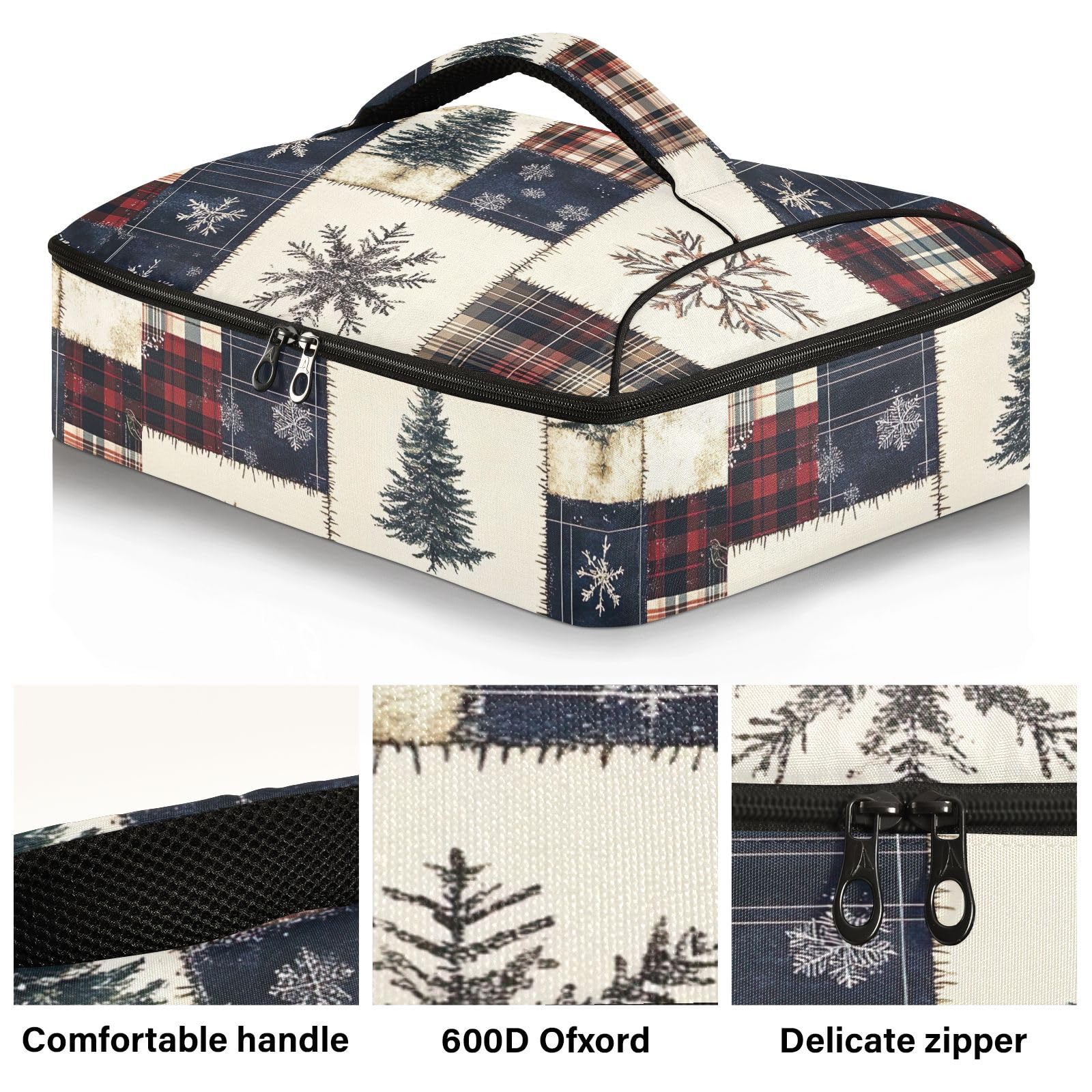 BOESI Doodle Christmas Tree and Snowflake Insulated Casserole Dish Bag Lunch Bag Insulated Insulated Food Bag Reusable for Holding Hot and Cold Food Suitable for Potluck Parties/Picnics/Cookouts