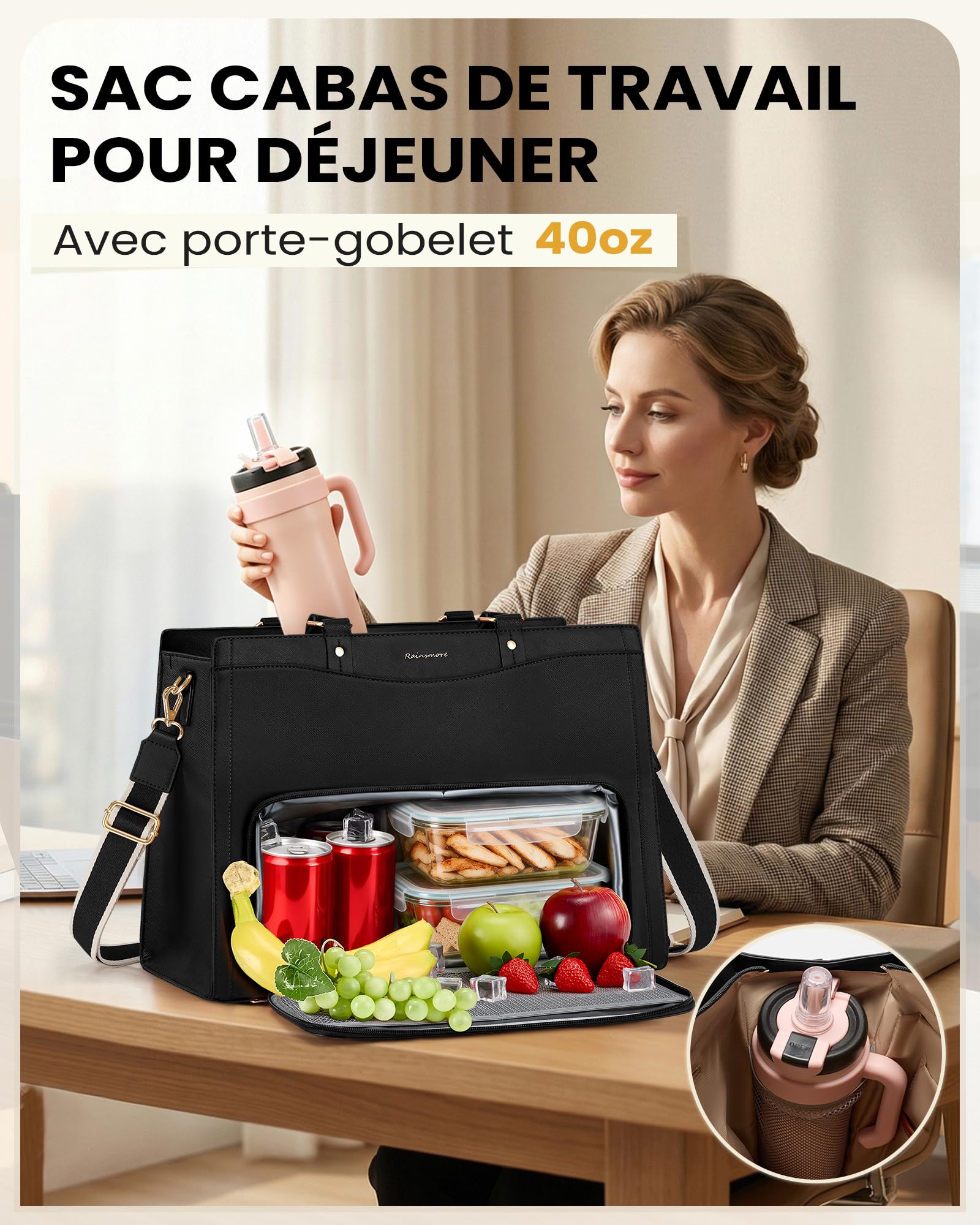 RAINSMORE Sac Ordinateur Femme 15,6 Pouces avec Compartiment Isotherme Repa