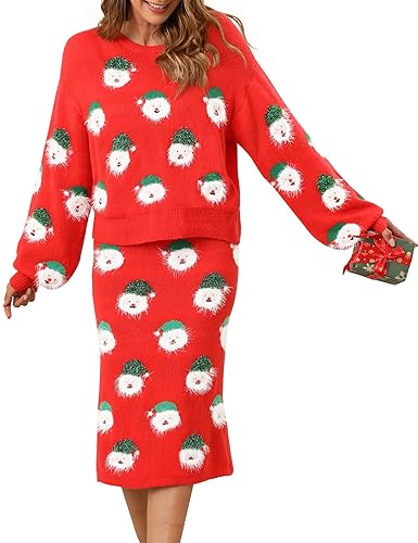 Women's Cute Ugly 2 Piece Christmas Sweaters Slit Skirt Set