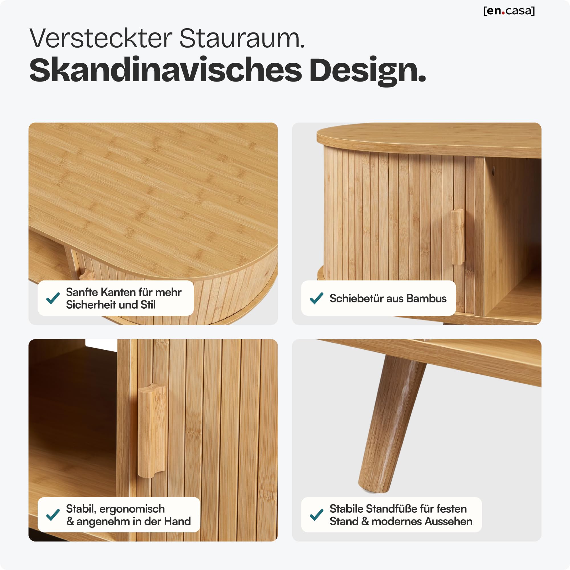 [en.casa] Couchtisch Nordkapp Wohnzimmertisch mit 2 Schiebetüren Bambus Sofatisch mit Stauraum Kaffeetisch Holzbeine 120 x 55 x 40 cm