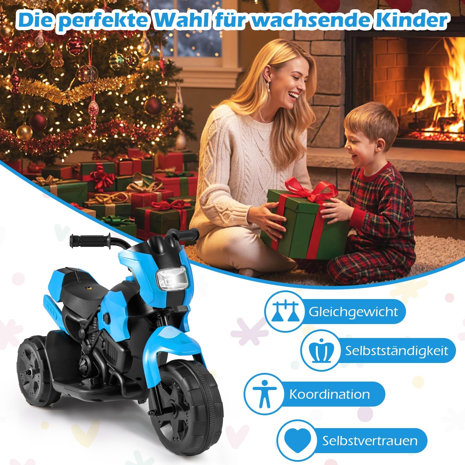 COSTWAY Kinder Elektro Motorrad, 6V Kindermotorrad elektrisch mit LED-Scheinwerfer & Fußpedal, 2-3 km/h, Dreirad Elektromotorrad für Jungen & Mädchen ab 3 Jahren (Blau)