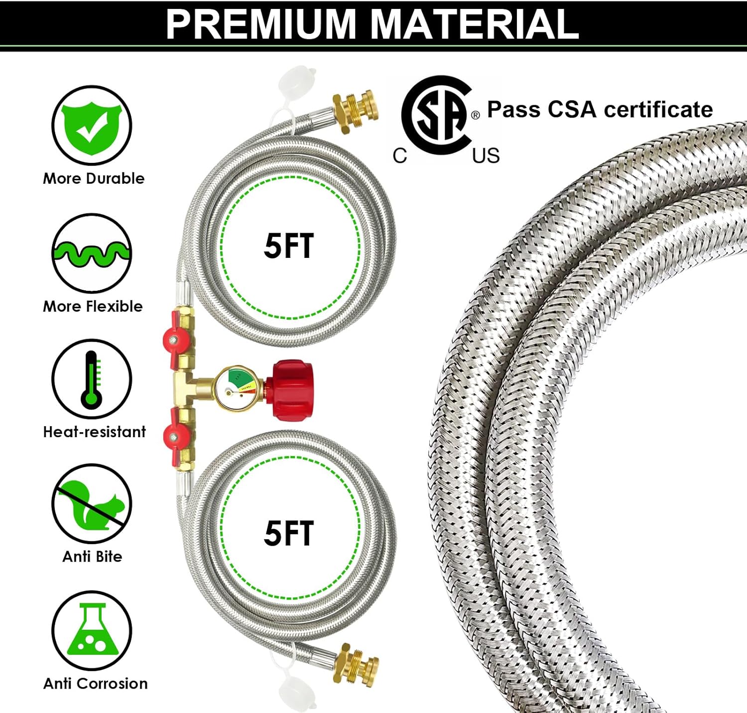 Upgraded 5FT Propane 2 Way Splitter Adapter Hose Stainless Braided Propane Y Splitter Hose 1 lb to 20 lb Converter with Shut Off Valve with Gauge Propane Hose Adapter 1lb Appliance to QCC1 5-40lb Tank