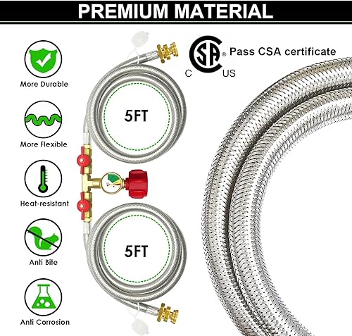 Miniatura 4 de Manguera adaptadora de propano de 2 vías mejorada de 5 pies, manguera divisora en Y de propano trenzada de acero inoxidable, convertidor de 1 lb a