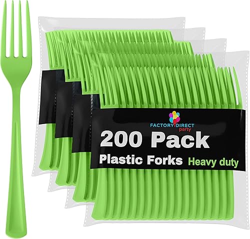 Tenedores desechables de plástico verde lima, 200 piezas, cubiertos desechables de plástico verde lima resistente, cubiertos desechables verde lima,