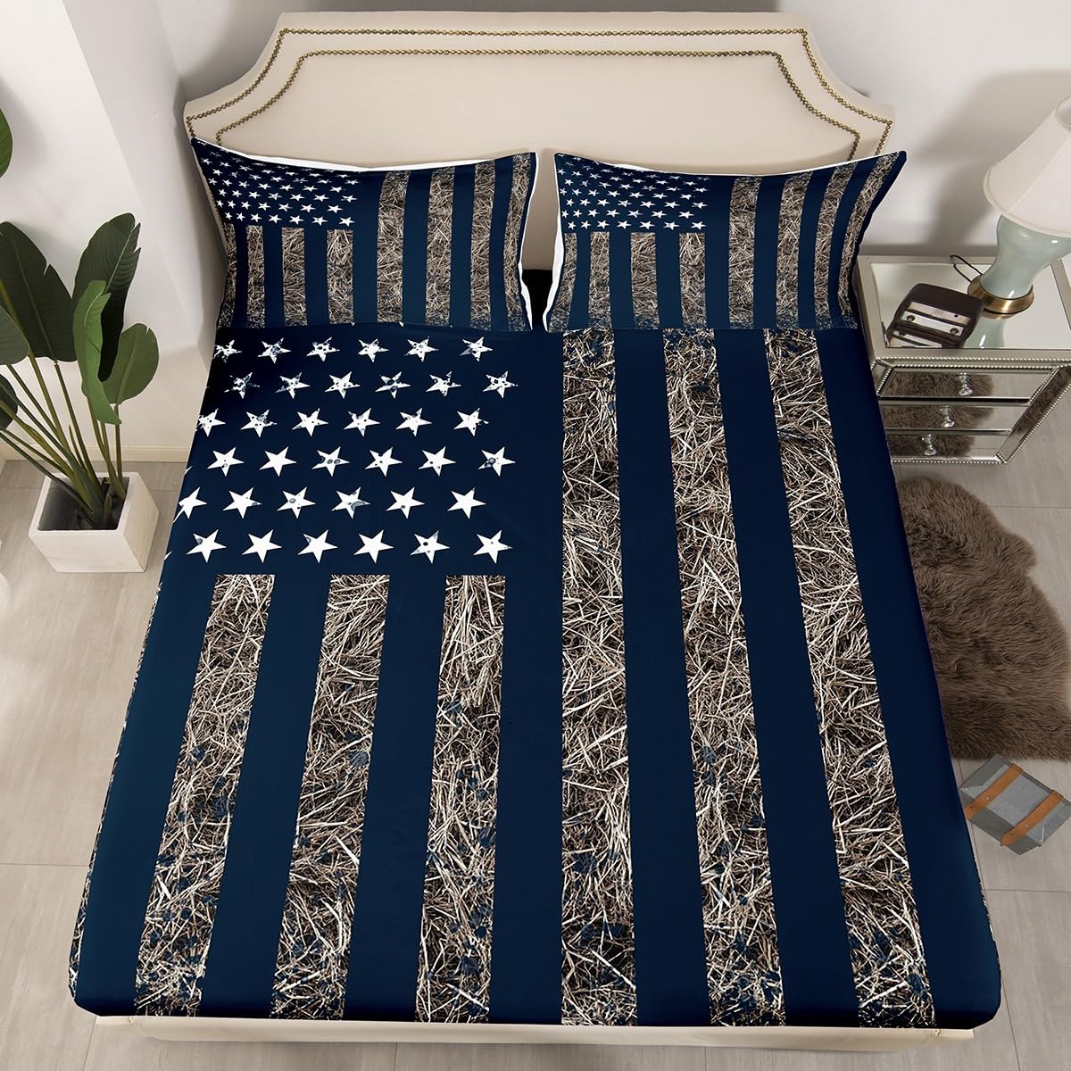 jejeloiu American Flag Fitted Sheet Twin Size Kids Camo Bedding Set for Boys Girls Teens Balck Navy Blue Bed Sheets Set