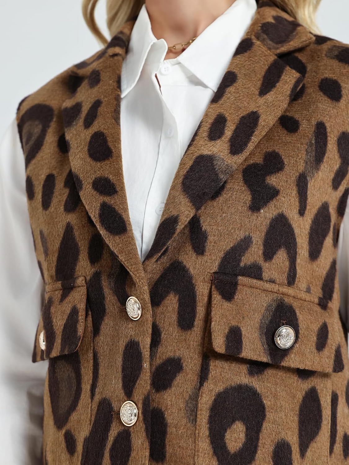 LifeShe Leopard Flannel Vest Women Casual Cheetah Sleeveless Blazer Winter Button Down Jacket with Pockets - Image 7
