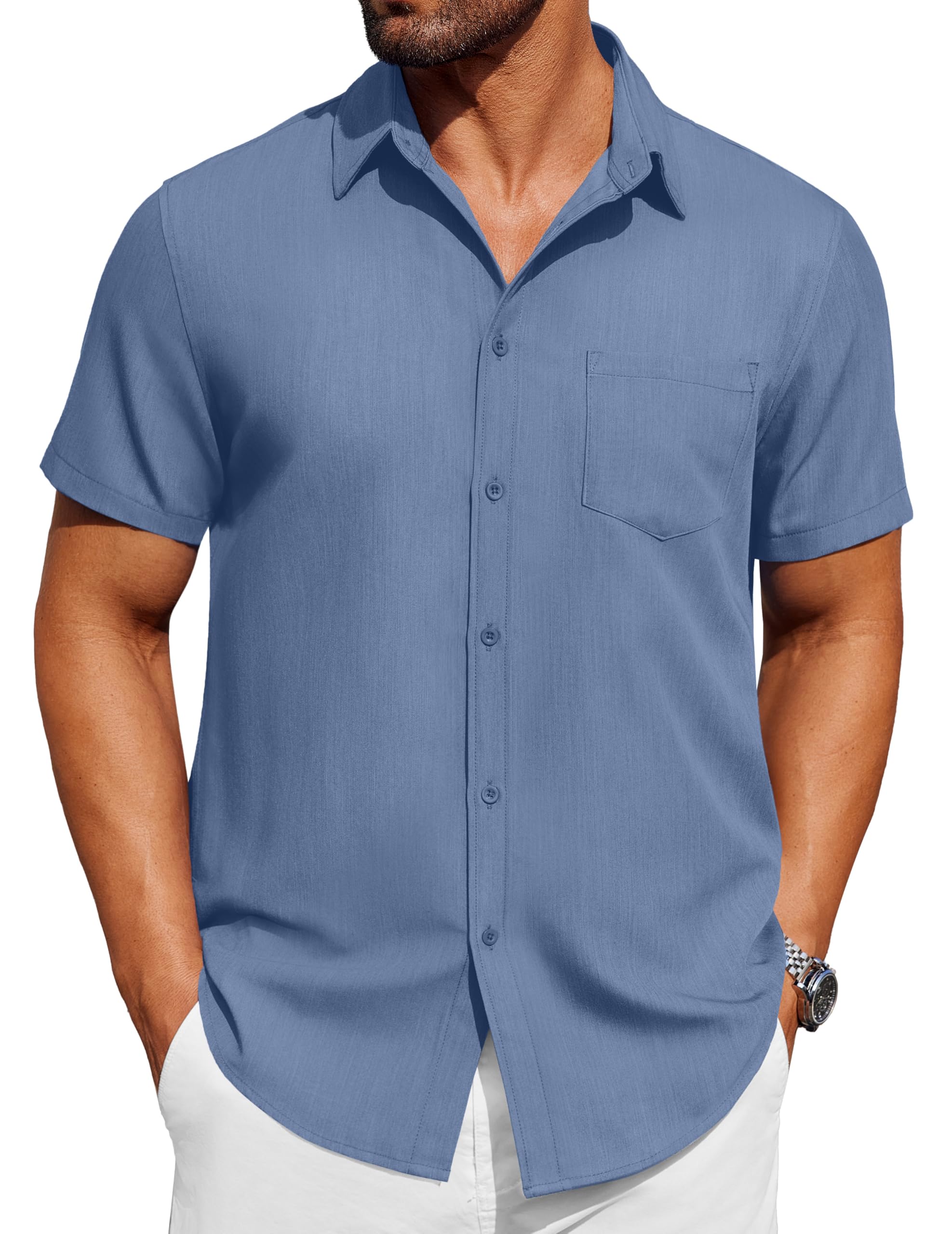 COOFANDY Men's Short Sleeve Button Down Shirt Casual Untucked Dress Shirt Stretch Denim Shirt