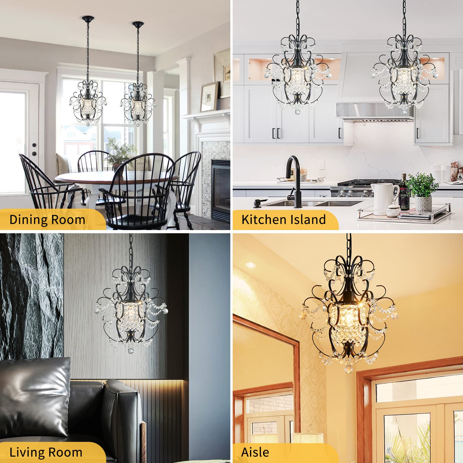 YSN Crystal Chandelier with Bulb Crystal Mini Chandelier Ceiling Light Fixture for Dining Room, Living Room, Kitchen Island,Black