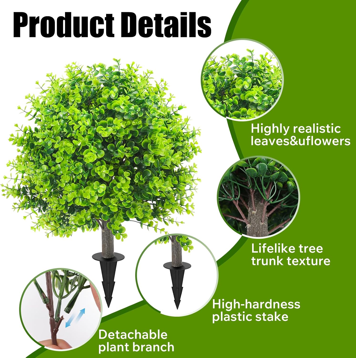 2 Pack 25" Artificial Eucalyptus Topiary Ball Trees for Outdoors, UV Resistant Faux Evergreen Shrubs with Ground Spikes, Fake Bush Ball Plants for Front Porch, Patio, Garden, Indoor Outdoor Decor