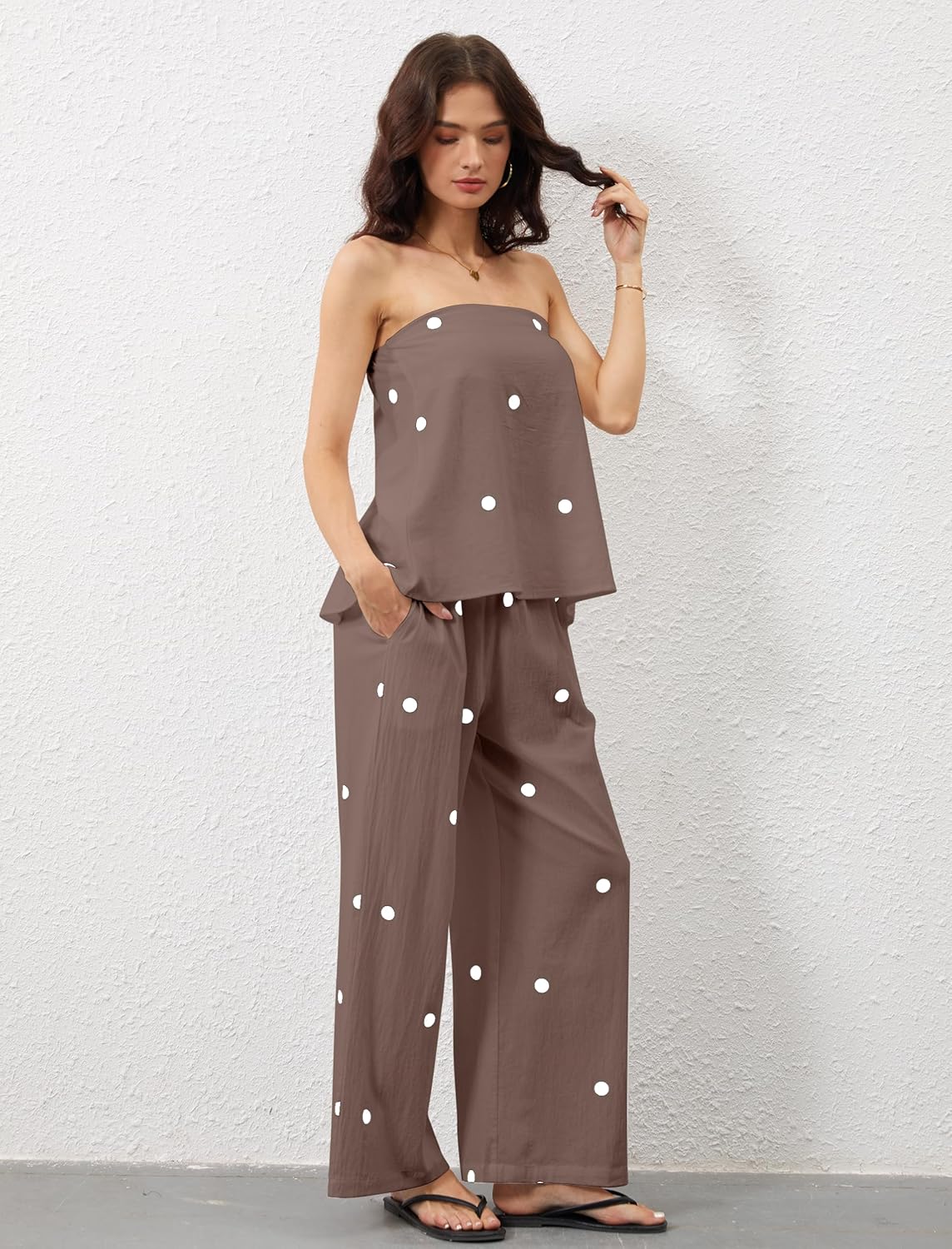 Women 2 Piece Polka Dot Tube Top Set Strapless Bandeau Blouse Wide Leg Spot Print Pants Outfits Summer Lounge Sets - Image 6