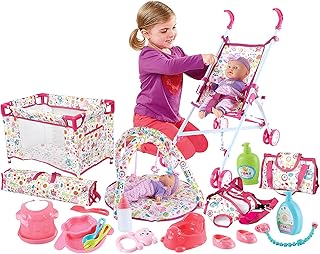 deAO Kids Baby Doll Stroller Nursery Role Play Set with a Variety of Feeding Toy and Play Mat Travel Cot Baby Carrier Stroller and Travel Bag