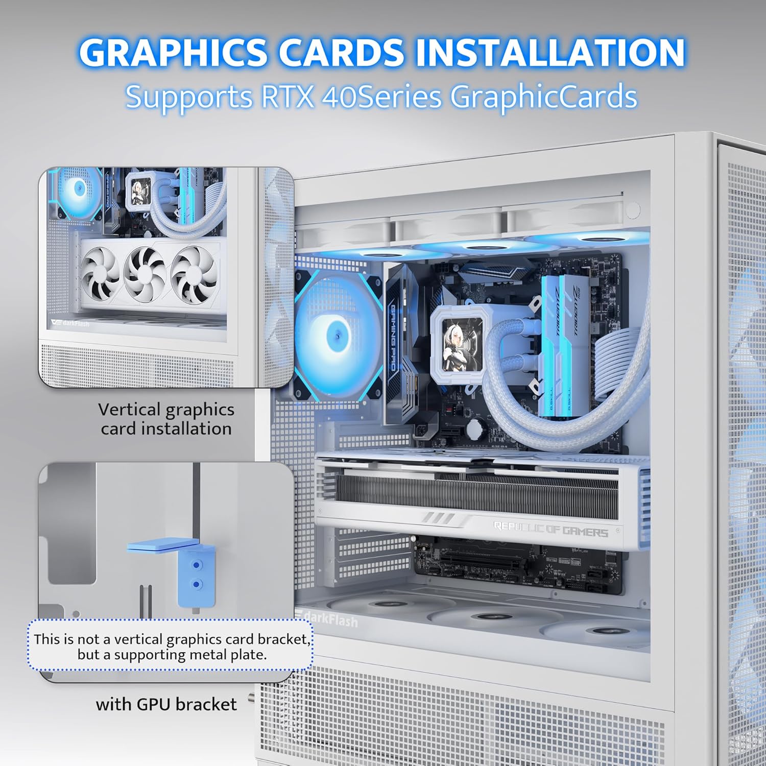 Vidinis view of darkFlash AIR NOVA PC case showing vertical GPU installation with support bracket