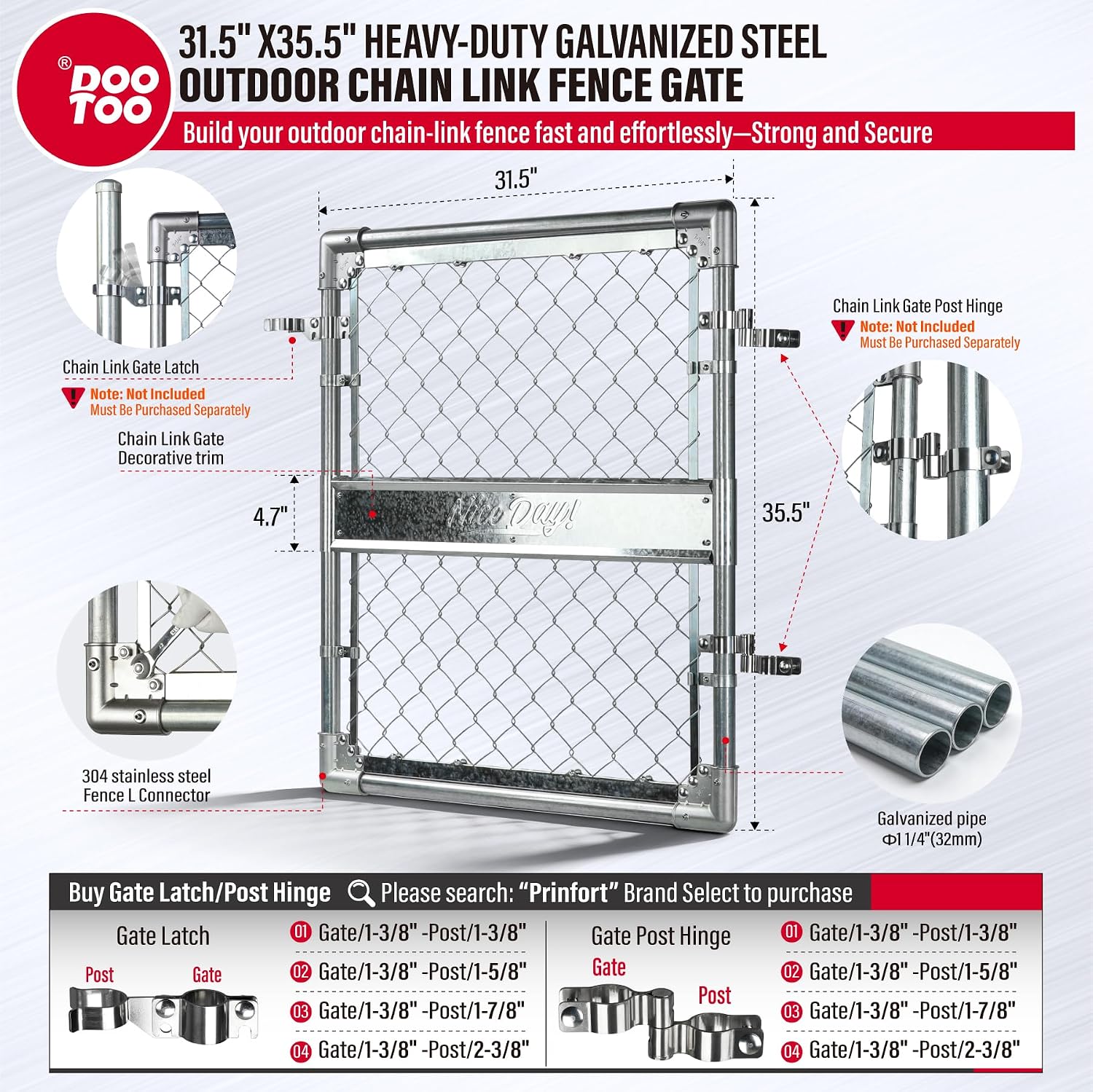 3x3FT(31.5" W x 35.5" H) Heavy Duty Galvanized Steel Chain Link Gate, Durable Outdoor Fence Gate Easy Installation for Backyard丨Garden丨Pet Yard