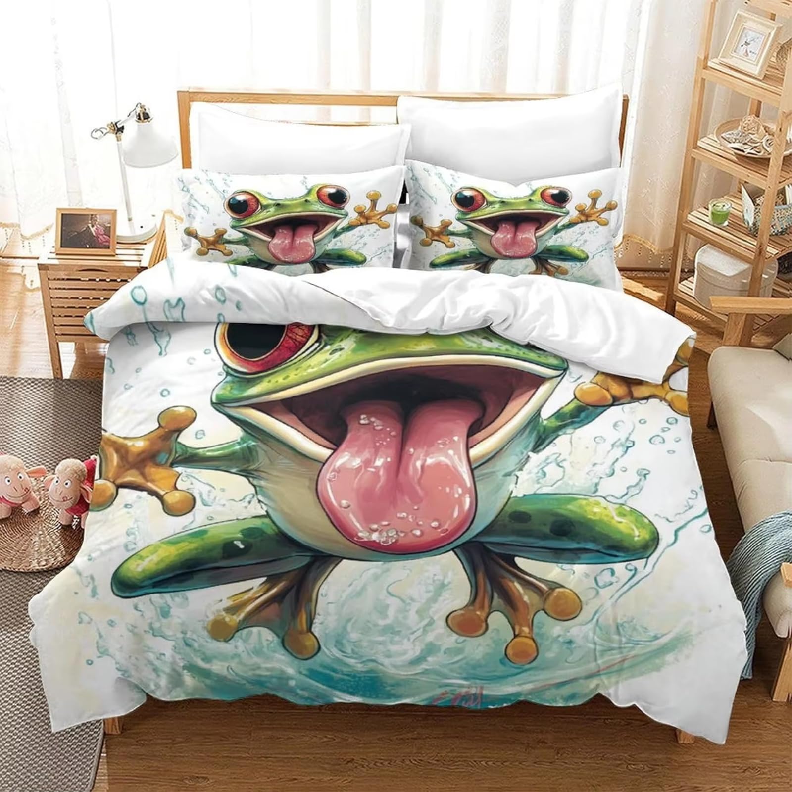 Super King Size poszewka na kołdrę urocza żaba pościel dla dzieci z zamkiem błyskawicznym miękka hipoalergiczna poszewka na kołdrę z mikrofibry 259 cm x 220 cm + 2 poszewki na poduszki 50 cm x
