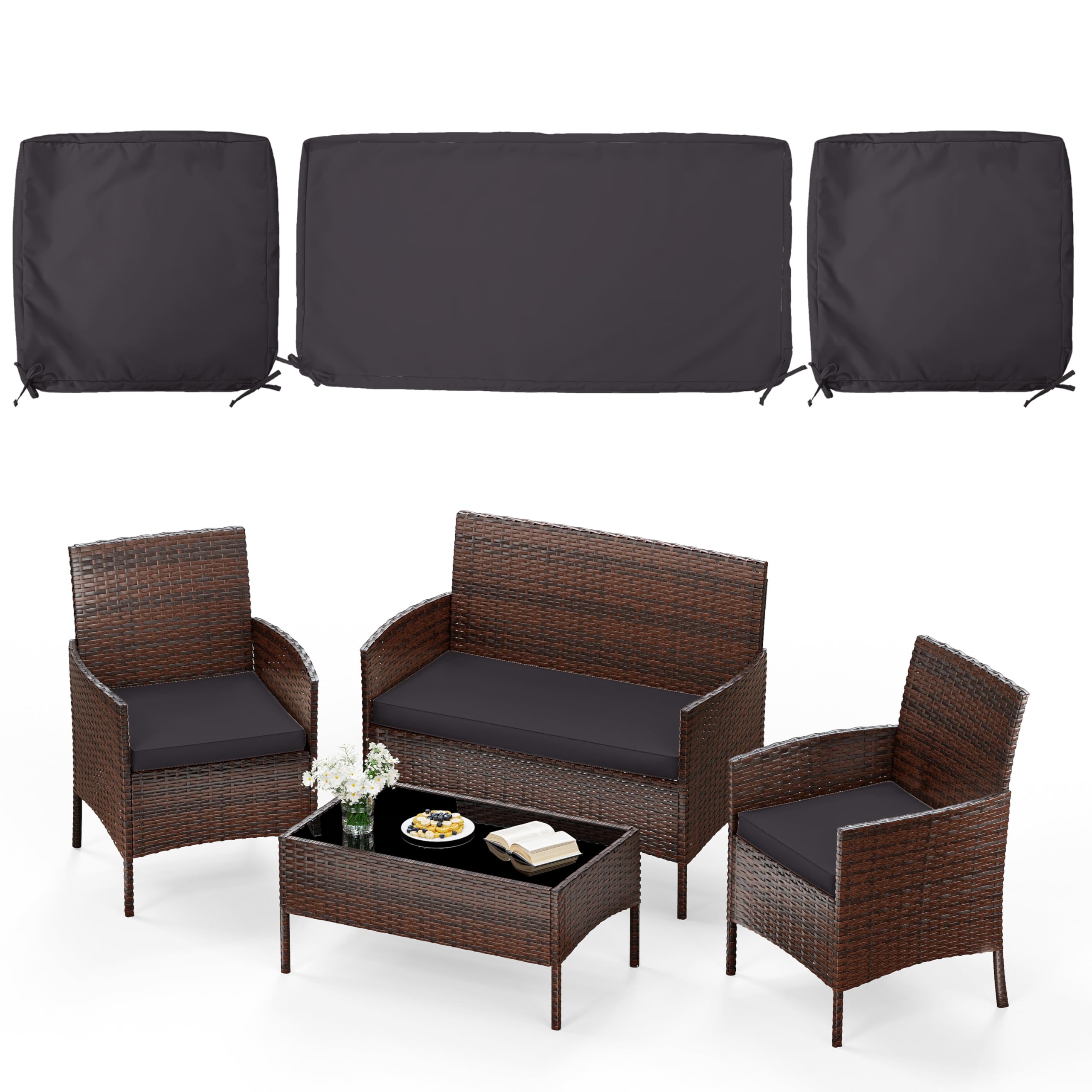 Pakunoda 3 Pack Outdoor Patio Seat Cushions Replacement Covers Fit for 4 Pieces 4-Seater Wicker Rattan Patio Conversation Set Loveseat Chair Couch Furniture (36x18x2, 18x18x2),Cover Only-image-31
