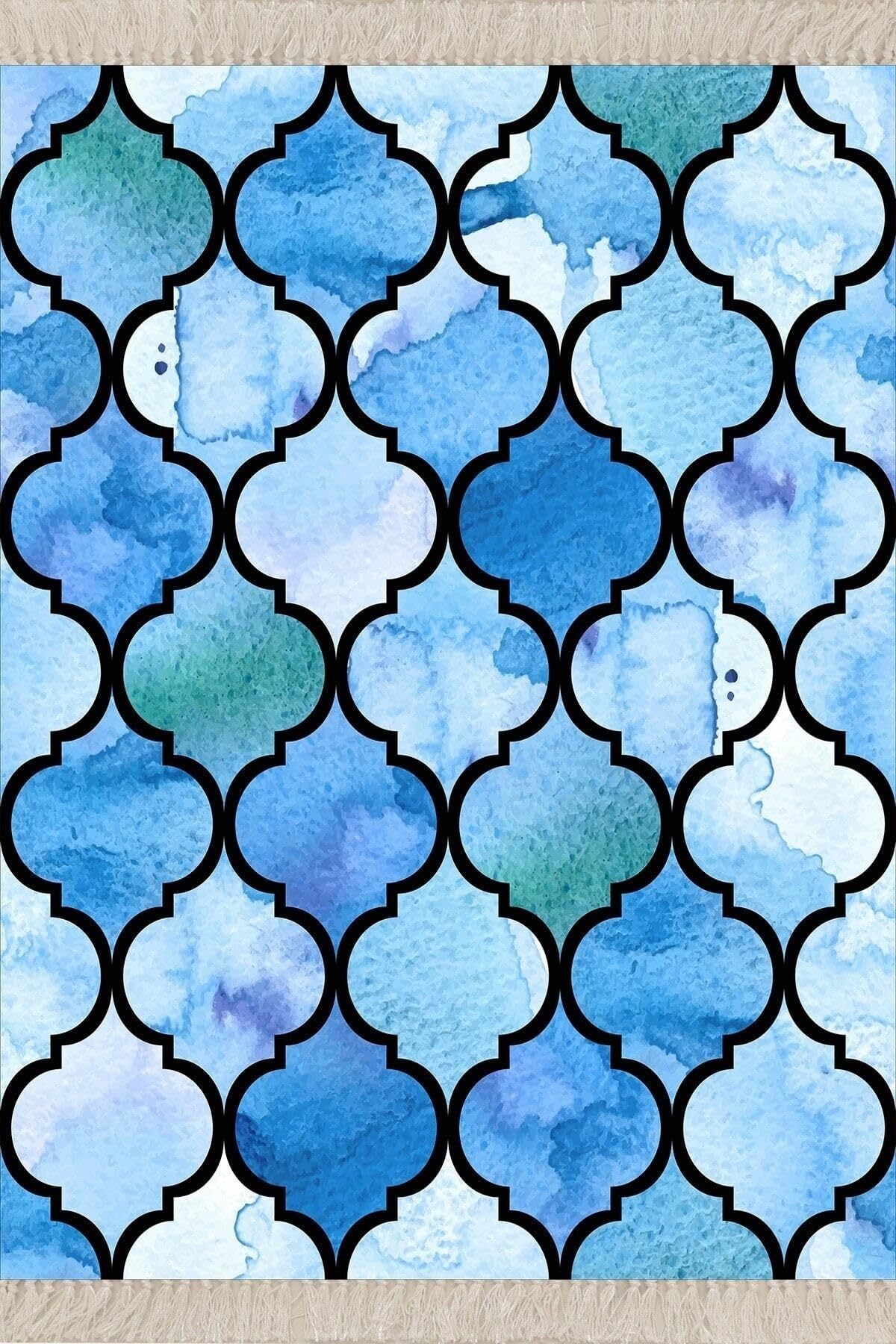 On The Clouds Turkuaz Damla Desenli Dijital Baskı Yıkanabilir Kaymaz Taban Leke Tutmaz Modern Salon Halısı Yolluk BFOMIX1, 100 x 400