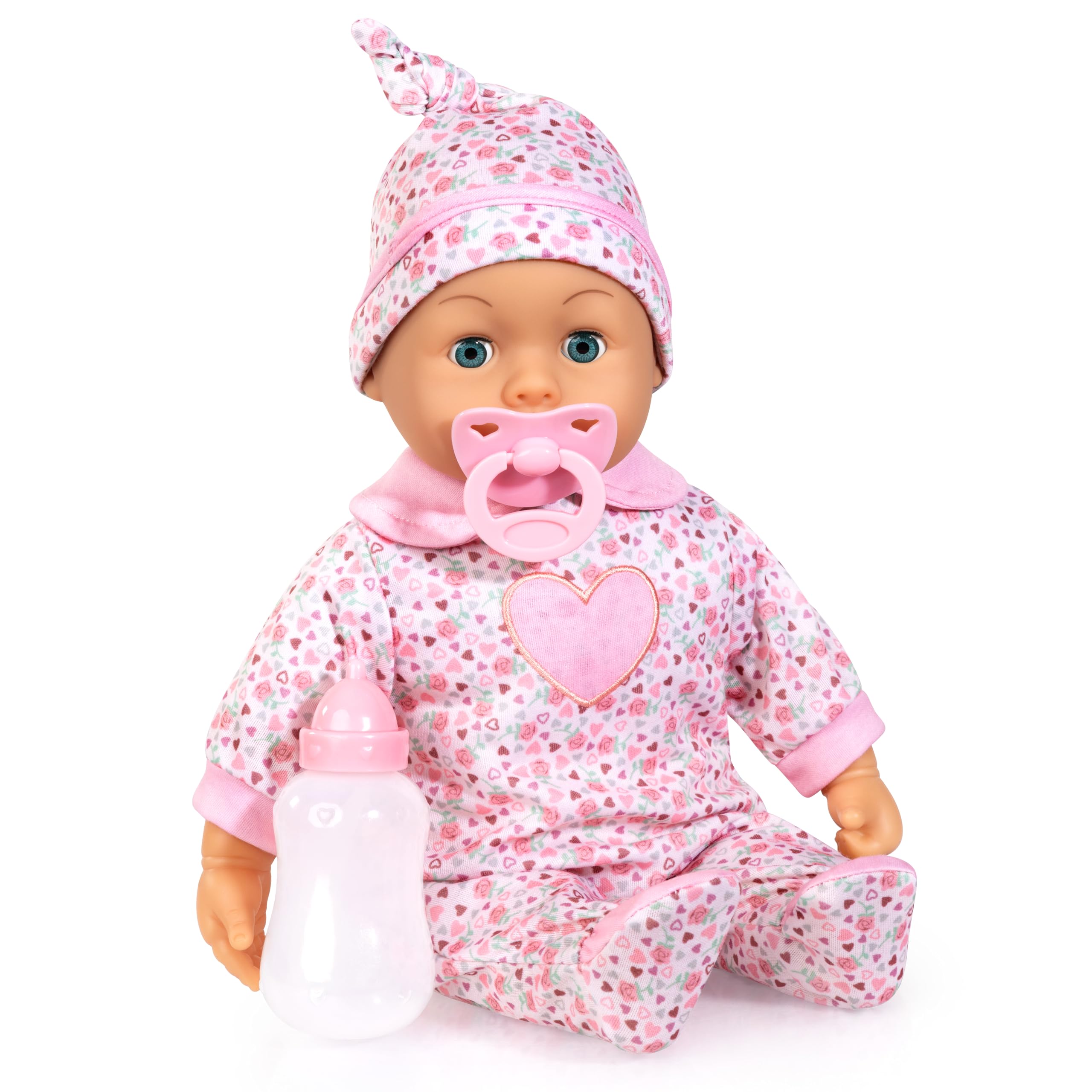 Bayer Design 93824CQ Interactive baby doll, talking, soft body, sleeping eyes, cute outfit, dummy, bottle, 38 cm