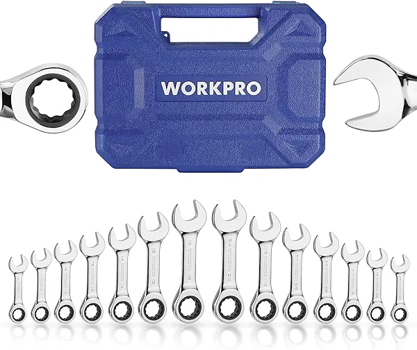 WORKPRO 14-Piece Ratcheting Combination Stubby Wrench Set, 72 Teeth, Combo Ratchet Wrenches Set with Organizer Box, SAE 3/8-3/4" & Metric 10-18mm
