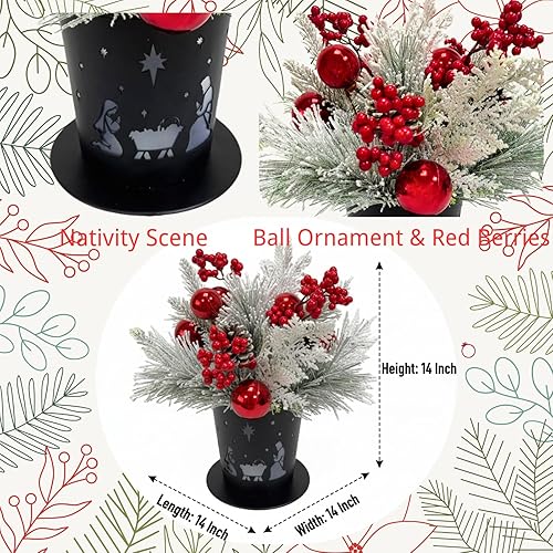 Miniatura 3 de Centro de mesa de Navidad iluminado en maceta de metal con temporizador, belén de Navidad, base de metal negro con agujas de pino flocado de nieve,